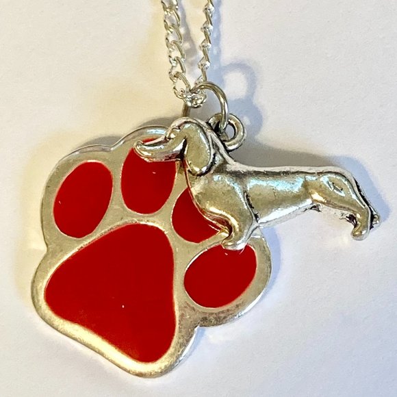 Dachshund Dog Paw Print Necklace Doxie 24" Chain Silver Plated Red Enamel - Picture 7 of 10